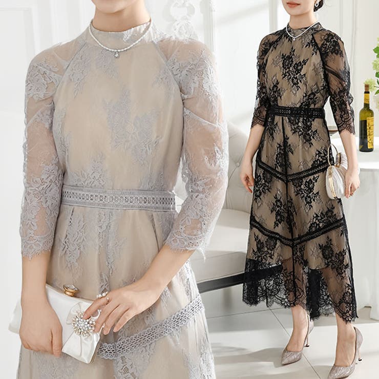 【10％OFFクーポン！11/27(木)1:59まで】レースレディース プチハイネック 総レース 7分袖 マキシ ワンピース 女性 レディース ドレス 半袖 春 夏 秋 冬 クラシカル 華やか 花柄 フラワー ボタニカル 上品 透け感 シアー セレモニー