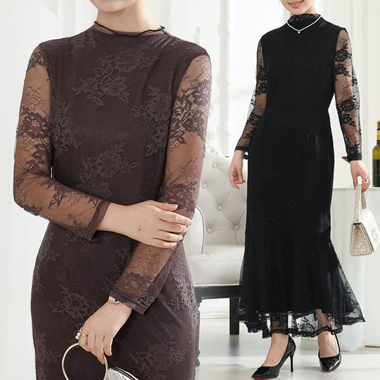 【10％OFFクーポン！11/27(木)1:59まで】レースレディース フラワー 総レース マーメイド ドレス ワンピース 女性 レディース スカート ロング マキシ 春 夏 秋 冬 長袖 花 ロマンチック フレア メロウ 切り替え シアー 透け感 華や