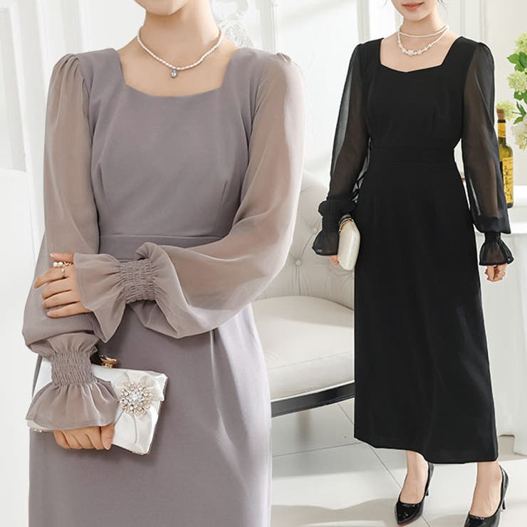 【10％OFFクーポン！11/27(木)1:59まで】レースレディース スクエアネック シアー ドッキング タイト ロング ワンピース 女性 レディース スカート マキシ 春 夏 秋 冬 長袖 単色 無地 透け感 シフォン キャンディスリーブ ぽわん袖