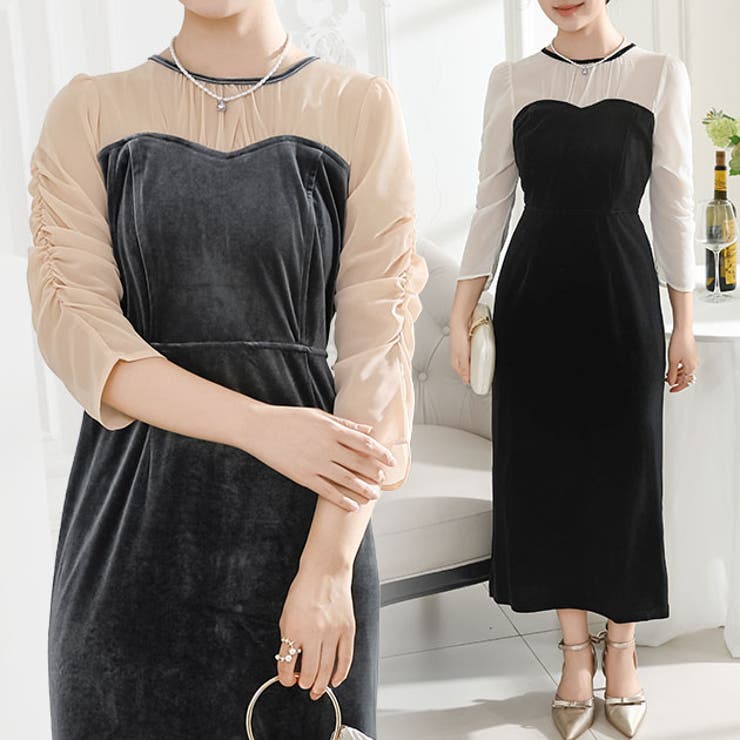 レースレディース ベロア ドッキング シアー シャーリング ワンピース 女性 レディース ドレス スカート ブラウス 長袖 春 夏 秋 冬 透け感 シフォン 配色 ベルベット 光沢 異素材 フェイクレイヤード 重ね着風 ビスチェ スリット Iライン タ