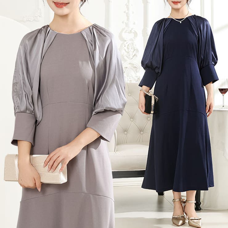 レースレディース バルーン袖 サテン ドッキング マキシ ワンピース 女性 レディース スカート ドレス 春 秋 冬 7分袖 ハーフ袖 半袖 ラウンドネック 丸首 ロング パーティー 結婚式 オケージョン オンコーデ 冠婚葬祭 セレモニー フォーマル