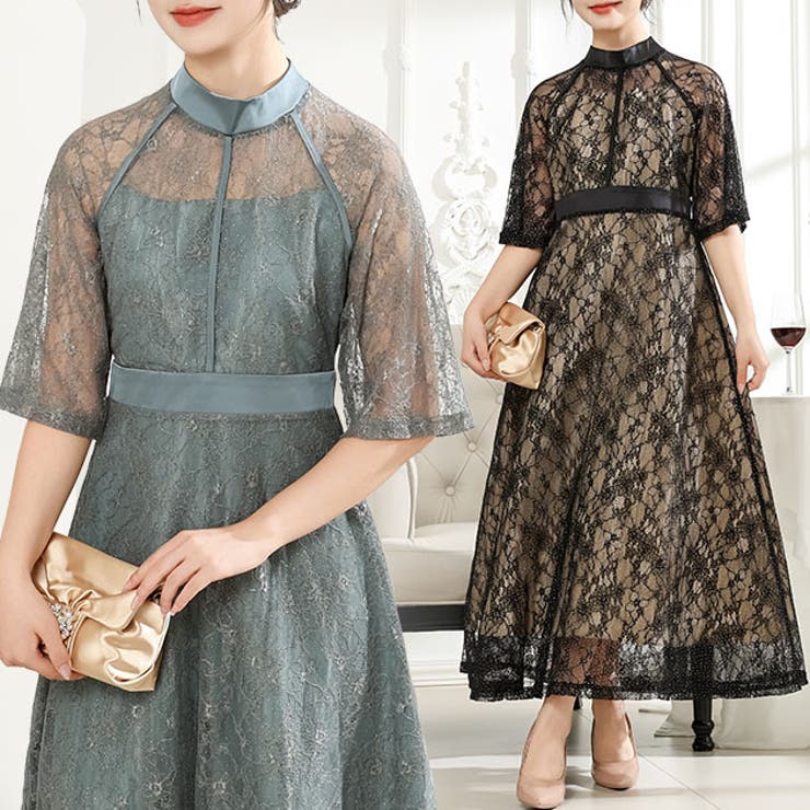 【10％OFFクーポン！11/27(木)1:59まで】レースレディース 総レース プチハイネック ハーフ袖 フレア ワンピース 女性 レディース スカート ドレス 春 夏 秋 冬 5分袖 クラシカル 透け感 シアー 華やか エレガント ロマンチック レト