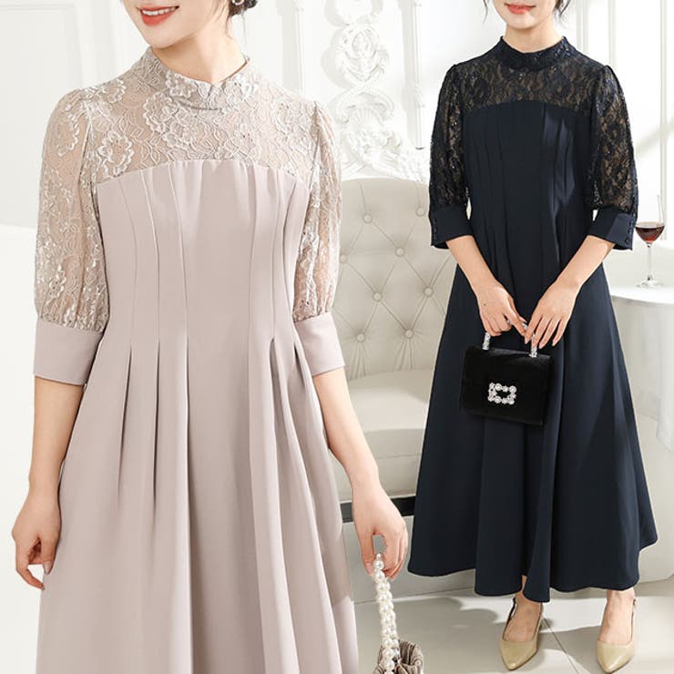 【10％OFFクーポン！11/27(木)1:59まで】レースレディース レース ドッキング タック ロング ワンピース 女性 レディース ドレス スカート 春 夏 秋 Aライン フレア 半袖 ハーフ袖 透け感 花柄 フラワー マキシ 華やか パーティー