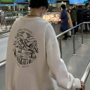 HOOK HOOK アメカジアンティーク風イラストスウェット 韓国ファッション 長袖トレーナー ストリート系 ロンT オーバーサイズ パーカー ビッグシルエット メンズ レディース 大きいサイズ ワイドパンツ フォトTシャツ ユニセックス トップス