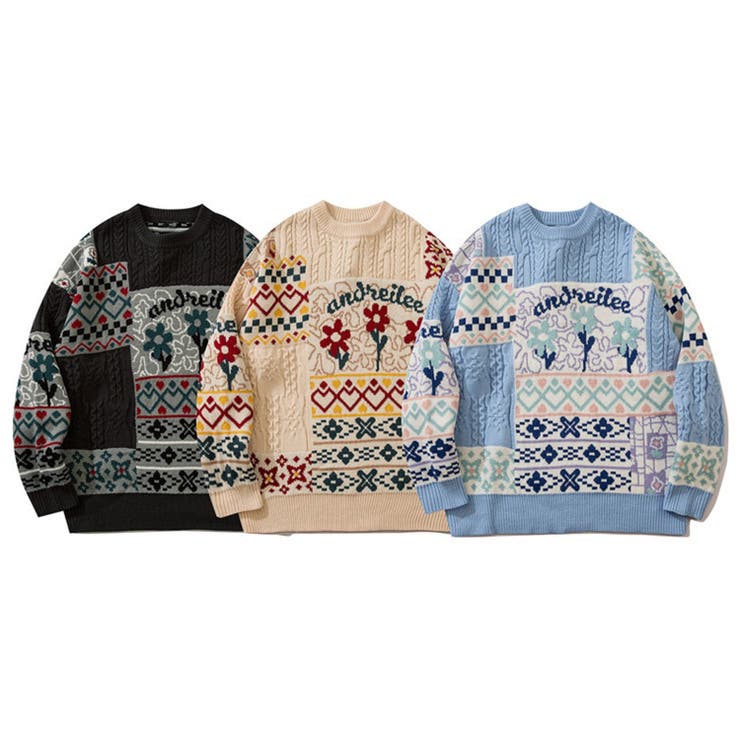 HOOK 【HOOK】パッチワーク模様ニット風スウェット ニット メンズ セーター ペイズリー カップル ペアルック お揃い 服 冬 秋 ビッグシルエット メン...