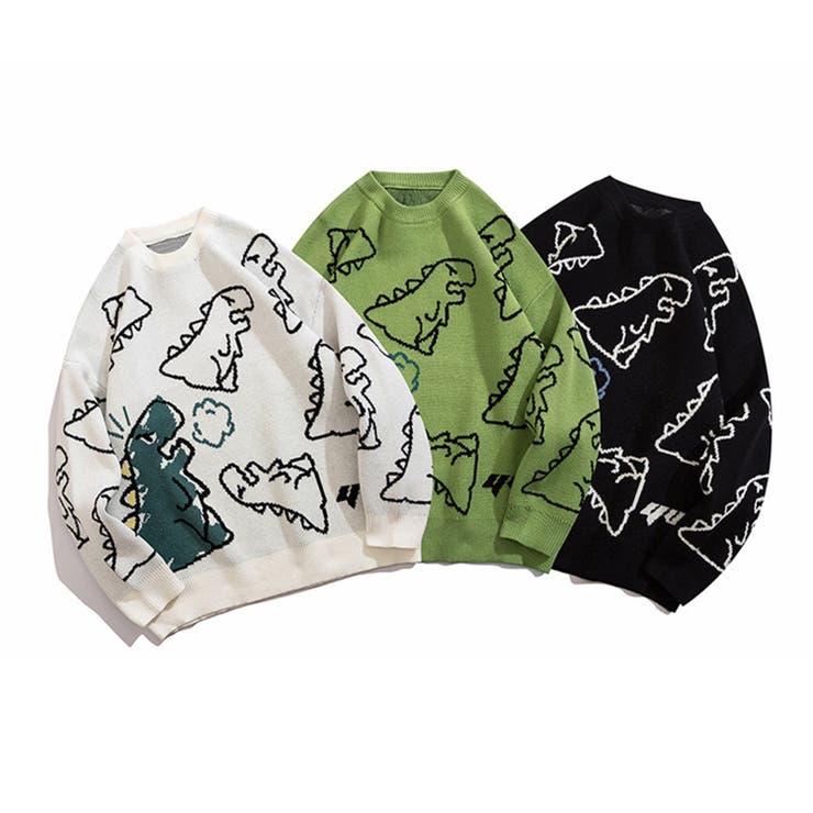 HOOK 【HOOK】かわいい落書き恐竜イラスト 総柄ニット 韓国ファッション ストリート系 ロンT オーバーサイズ パーカー ビッグシルエット メンズ スウェ...