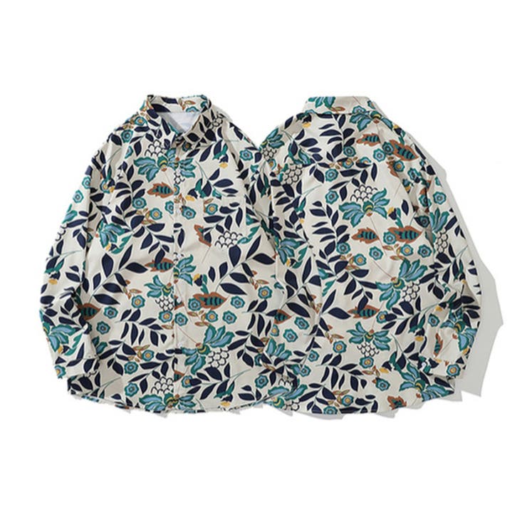 HOOK 【HOOK】グリーンリーフ柄 古着風総柄デザイン 長袖シャツ 韓国ファッション ストリート系 春服 オラオラ系 オーバーサイズ ビッグシルエット スト...