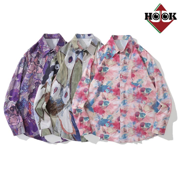 HOOK 古着風総柄デザイン 長袖シャツ 韓国ファッション ストリート系 春服 オラオラ系 オーバーサイズ ビッグシルエット ストリート系 大きいサイズ 夏 半...