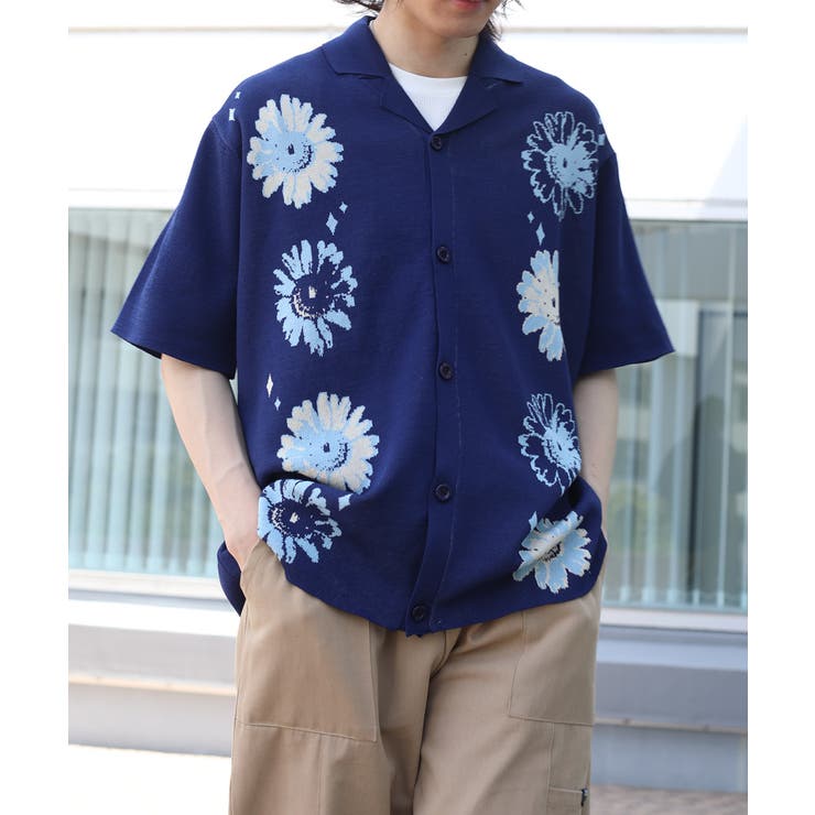 HOOK ジャケット HOOK -original- ポップマーガレット模様アロハシャツ風涼感夏ニット 韓国ファッション ストリート系 春服 オーバーサイズ ビ...