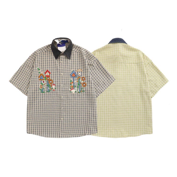 【10%OFFクーポン!11/27(木)1:59まで】HOOK レトロ調刺繍入りチェック柄半袖シャツ メンズ 半袖 トップス 綿100% 綿 おしゃれ 半袖シャ...