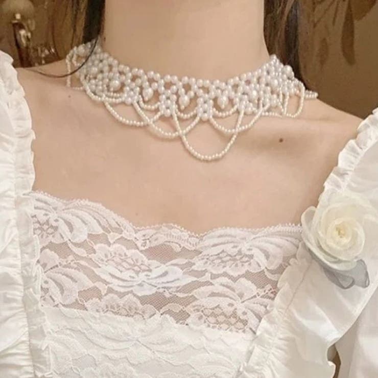 【10％OFFクーポン！11/27(木)1:59まで】レースレディース ダブルライン スカラップ カラー パール ネックレス レディース 女性 アクセサリー 襟 チョーカー 真珠 ブラウス 上品 華やか エレガント 結婚式 パーティー オケージョン ドレ