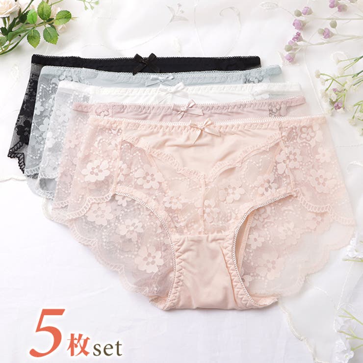 【10％OFFクーポン！5/7(木)9:59まで】レースレディース 【5枚セット】花柄レースリボン付きドッキングショーツ 女性 レディース 下着 パンツ 肌着 インナー レース 刺繍 透け感 コットン 綿 花柄 通気性 ムレない シアー 5色組 カジュ
