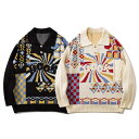 HOOK 古着風 レトロ調パッチワック模様ポロ襟ニットスウェット【AW】 トップス