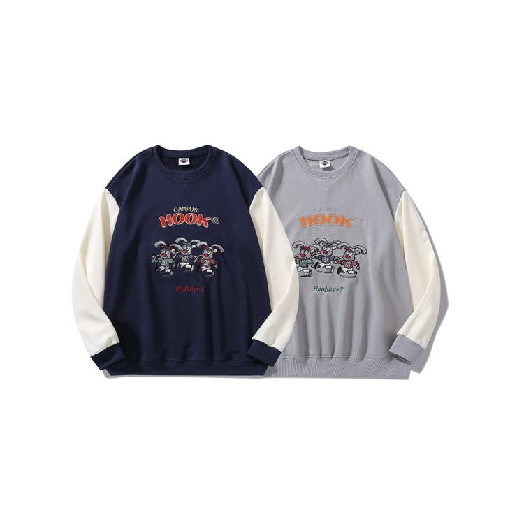 【10％OFFクーポン！3/26(木)1:59まで】HOOK アメカジカートゥーンキャラクター刺繍袖配色スウェット トップス
