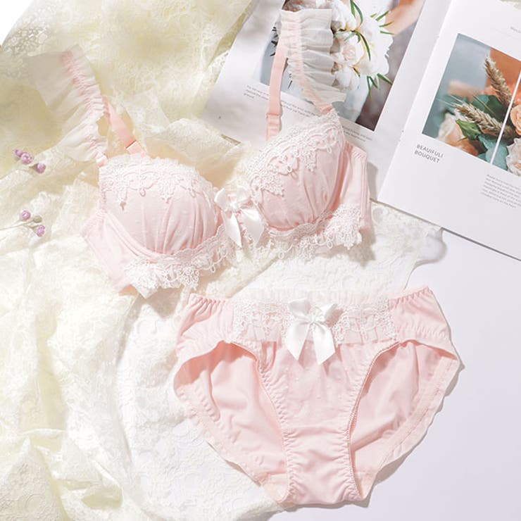 レースレディース リボン付き フリル ドット レース ブラ&ショーツ インナー・下着