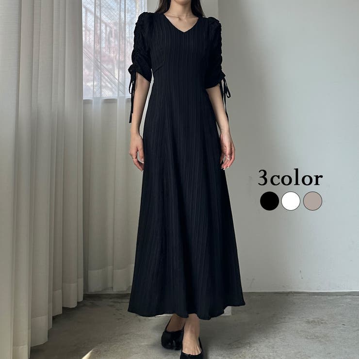 Louere Louere　楊柳ギャザースリーブVネックワンピース【ペチスカートセット】 ワンピース・ドレス