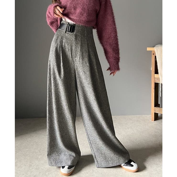 【10%OFFクーポン!12/11(木)1:59まで】Classical Elf ウエストベルトが目を惹く。ツイード調ハイウエストワイドスラックスパンツ パンツ...