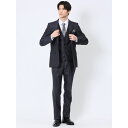 TAKA-Q MEN ウール混ストレッチ スリムフィット 2ボタン3ピーススーツ シャドーストライプ紺 スーツ