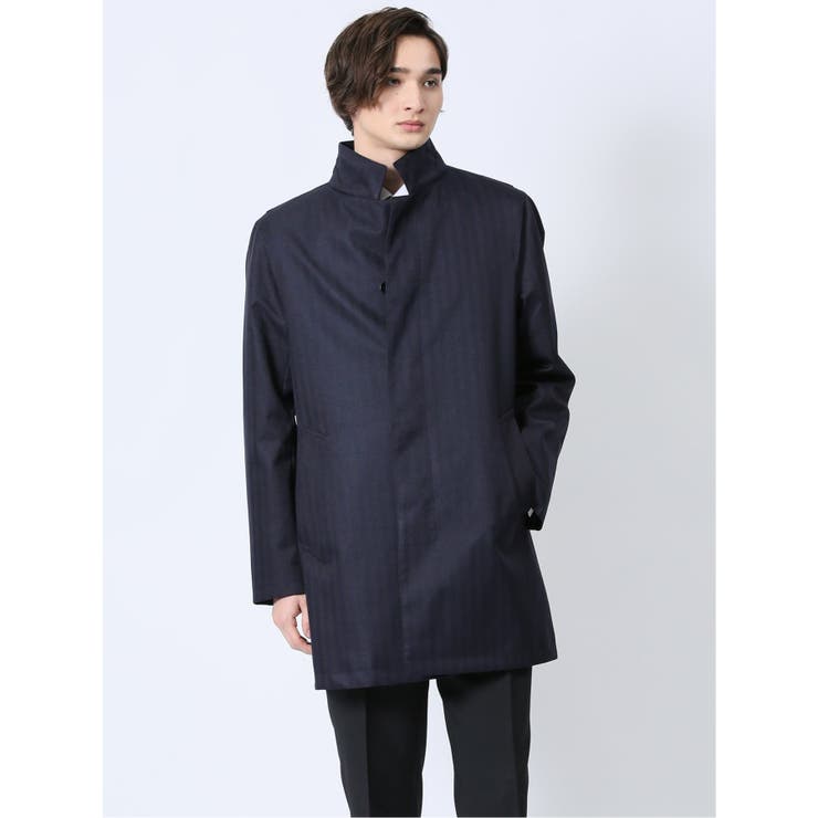 【10％OFFクーポン！2/10(火)1:59まで】TAKA-Q MEN 防風 ウィングカラーコート へリンボン紺 アウター(コート・ジャケットなど)