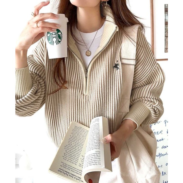 Classical Elf お洒落な配色でワンランク上の秋冬コーデ。胸刺繍バイカラーリブニットハーフジッププルオーバー トップス