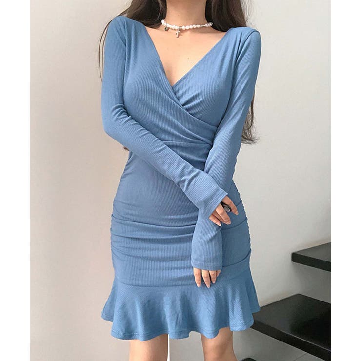 aimoha 【Jasmine Grandiflorum】Vネックフリルミニワンピース 韓国ファッション ハイウエスト オフィスカジュアル セクシー スカート トップス シアーシャツ 夏ワンピース 結婚式 ロングシャツ ロングワンピース 春 秋 冬 ワ