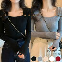 kirakiraShop 【SHOPLIST限定】タックデザインスクエアネックニットトップス トップス リブニット ショルダータック スクエアネック ボタン コンパクト クラシカル 大人可愛い おしゃれ 長袖 秋冬 韓国ファッション きれいめ 大人フェ