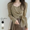 kirakiraShop 【SHOPLIST限定】フロントリボンブラウス 2サイズ トップス シフォンブラウス フロントリボン スクエアネック ショート丈 楊柳 ヨウリュウ シワ加工 ワッシャー 長袖 春夏 シアー ニュアンス感 韓国ファッション 大人