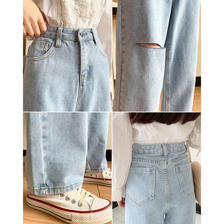 kirakiraShop 【SHOPLIST限定】ダメージ加工デニムパンツ 5サイズ セミワイドデニムパンツ ハイウエスト ジーパン ストレートジーンズ ボーイフレンドデニム ダメージデニム ウォッシュデニム シンプル 脚長 フルレングス 韓国ファッシ shoplistselect-10005067 SHOPLIST サンプル画像2