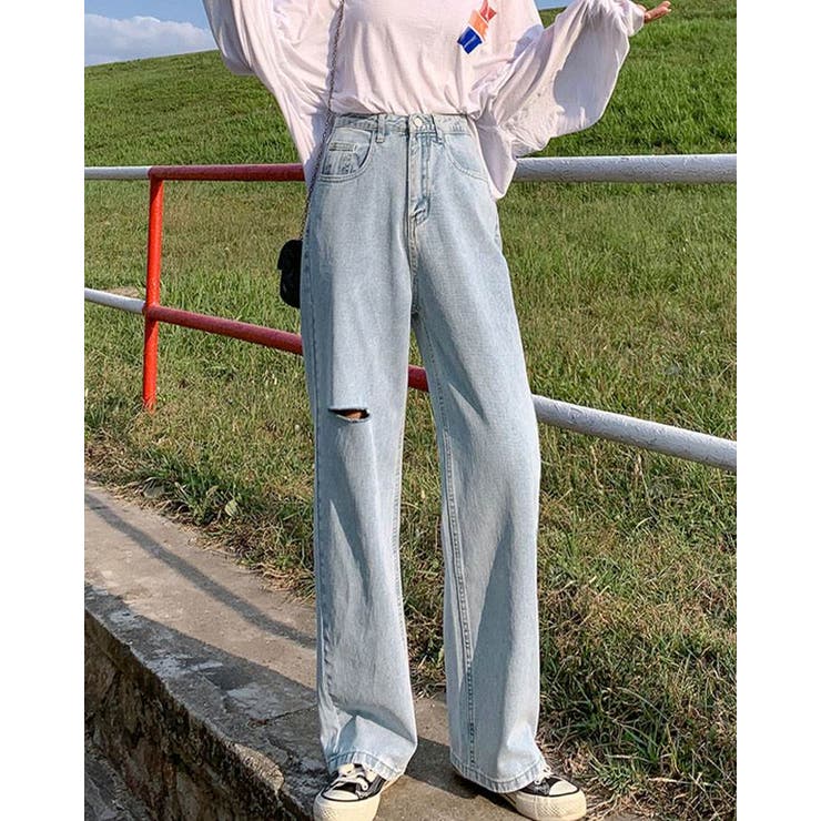 kirakiraShop 【SHOPLIST限定】ダメージ加工デニムパンツ 5サイズ セミワイドデニムパンツ ハイウエスト ジーパン ストレートジーンズ ボーイフレンドデニム ダメージデニム ウォッシュデニム シンプル 脚長 フルレングス 韓国ファッシ shoplistselect-10005067 SHOPLIST サンプル画像3