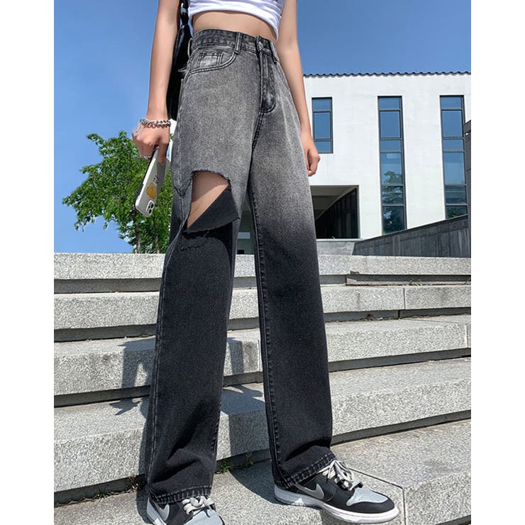【10％OFFクーポン！9/11(金)1:59まで】kirakiraShop 【SHOPLIST限定】グラデーションダメージデニムパンツ 4サイズ ボトムス デニムパンツ ハイウエスト ジーパン ストレート ダメージデニム クラッシュデニム セミワイド shoplistselect-10005158 SHOPLIST サンプル画像2
