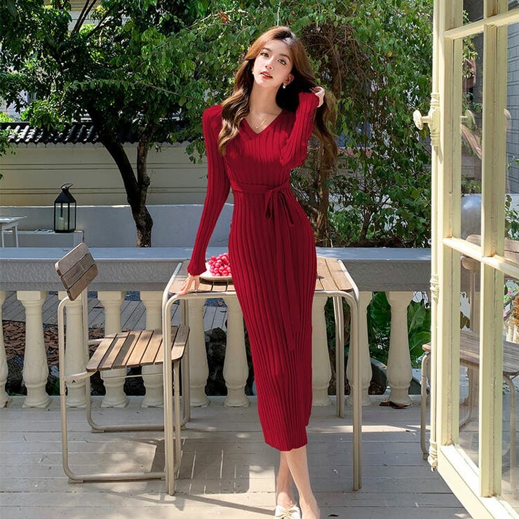 JS FASHION ニットワンピース 全4色 Vネック ウエストリボン リブニット 長袖 赤 黒 白 タイトワンピ タイト ワンピース ミモレ丈 ロング丈 ロングワンピ きれいめ スリム 細見え デイリー おしゃれ 上品 大人 かわいい デート 食事会