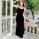 JS FASHION ベロアワンピース キャミワンピ ドレープネック ノースリーブ Aライン ワンピース 黒 無地 膝下 ロング丈 黒ワンピ ブラックワンピ きれいめ スリム おしゃれ セクシー かっこいい ハロウィン 謝恩会 大人 デート 春 夏 秋【