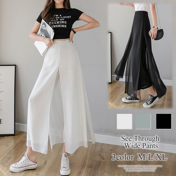 Amulet シースルーワイドパンツ 脚長効果 綺麗 シンプル ゆったり スリット 大人 パンツ・ズボン