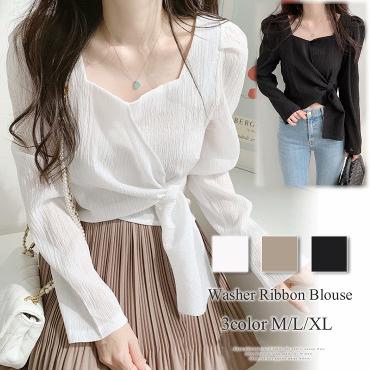 【10％OFFクーポン！本日実施中】Amulet ワッシャーリボンブラウス 長袖 ブラウス レディースファッション レディース アシンメトリー トップス シャツ ブラウス ワッシャーリボン 綺麗 大人可愛い トップス