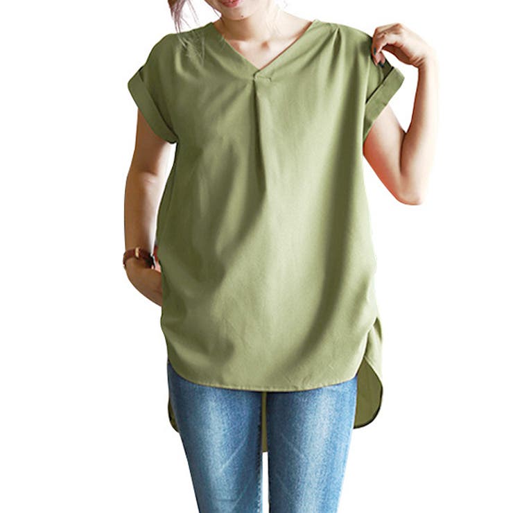 Amulet バックプリーツチュニック チュニック ブラウス 半袖 レディース トップス Vネック バックプリーツ シャツ ゆったり オフィス きれいめ 体型カバー 大人 上品 トップス