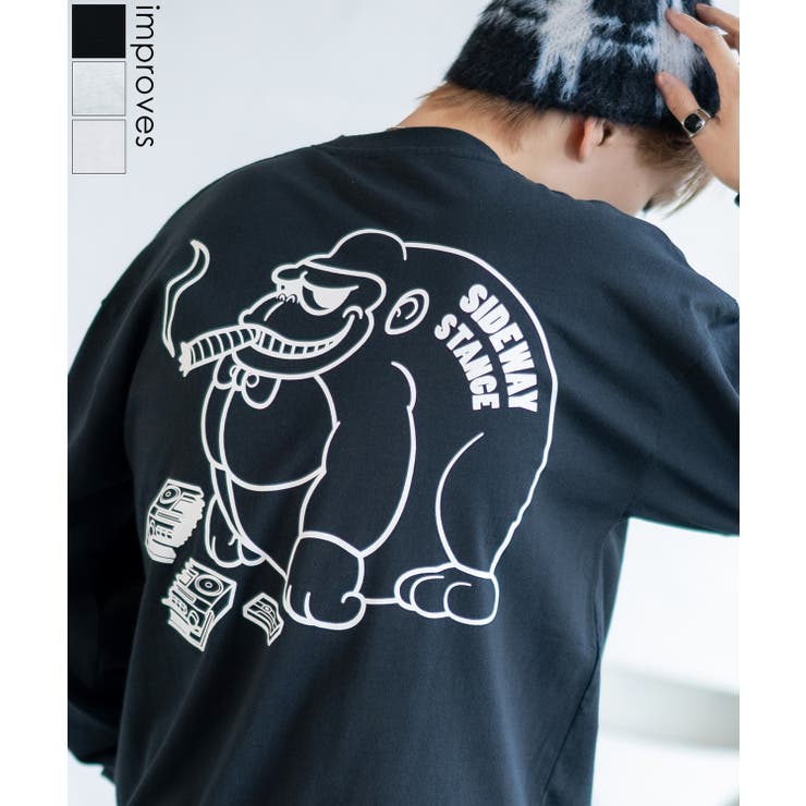 【10％OFFクーポン！12/11(木)1:59まで】improves 長袖Tシャツ メンズ SIDEWAY STANCE サイドウェイスタンス オリジナルプリント ゴリラ カットソー ロンT カジュアル スケーター ストリート 古着MIX 韓国 トップ