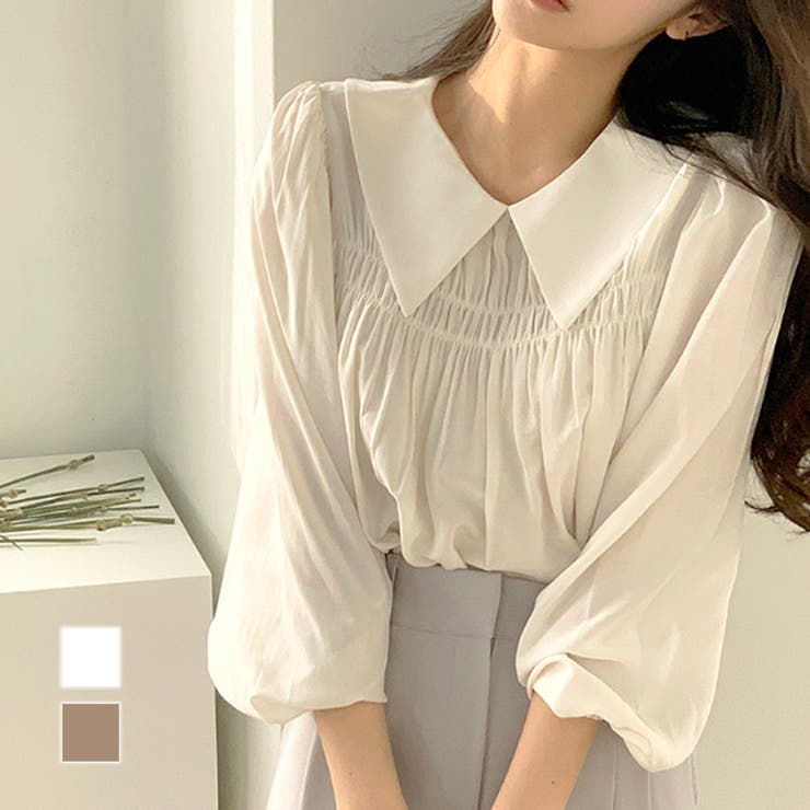 Amulet 襟付きギャザーブラウス レディース トップス 長袖 無地 春服 秋 10代 20代 30代 韓国ファッション オフィスカジュアル 使い回し 小顔効果 トップス