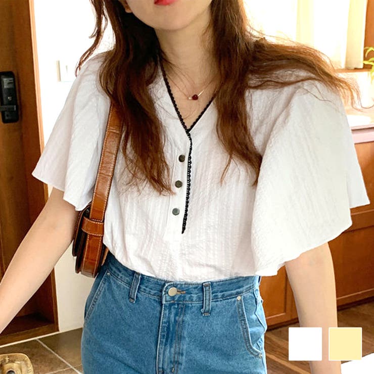 【10％OFFクーポン！7/26(日)1:59まで】Amulet フレアスリーブVネックブラウス レディース トップス シャツ 半袖 春 夏服 韓国ファッション 10代 20代 30代 オフィスカジュアル ボリューム袖 フリル 釦 トップス