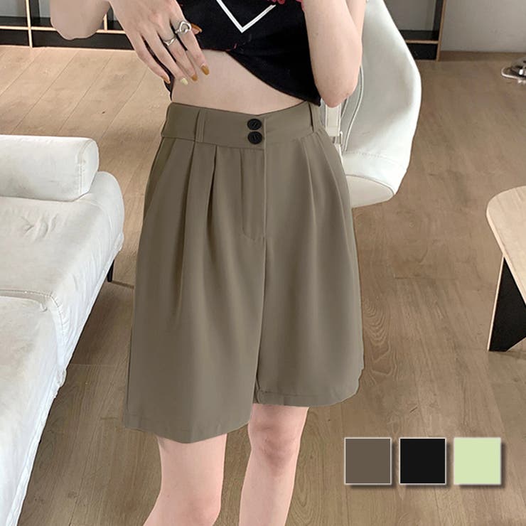 Amulet タック入りショートパンツ レディース ボトムス 春 夏服 韓国ファッション 10代 20代 30代 オフィスカジュアル ハーフパンツ シンプル ハイウエスト フレア パンツ・ズボン