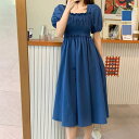 Amulet シャーリングロングワンピース レディース 春 夏 秋 韓国ファッション 10代 20代 30代 カジュアル 半袖 大人かわいい レトロ シンプル ワンピース・ドレス