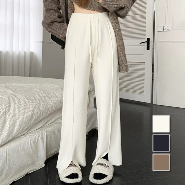 Amulet スリットセンタープレスパンツ 春 秋 冬 韓国ファッション 10代 20代 30代 レディース 黒 白 カジュアル シンプル 無地 ロングボトムス パンツ・ズボン