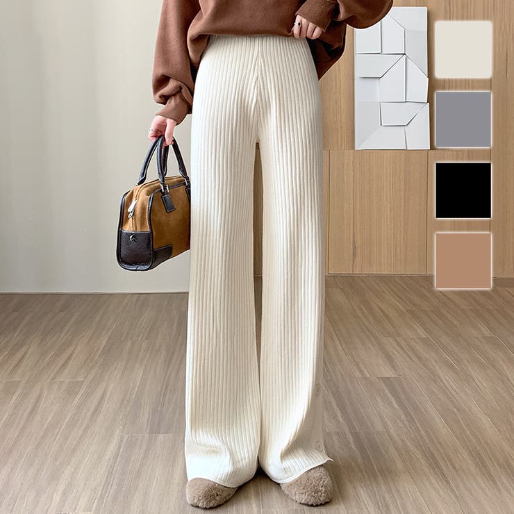 Amulet サイドスリットワイドパンツ レディース 10代 20代 30代 韓国ファッション 春 秋 冬 カジュアル 可愛い 白 黒 シンプル ボトムス ボタン パンツ・ズボン