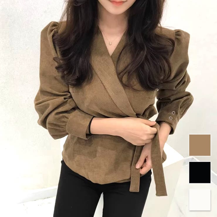 Amulet カシュクールブラウス レディース 10代 20代 30代 韓国ファッション 春 秋 カジュアル 長袖 シンプル おしゃれ 可愛い 白 黒 無地 トップス