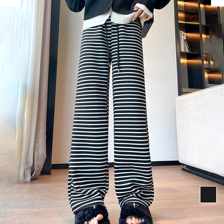 Amulet リラクシーボーダーパンツ レディース 10代 20代 30代 韓国ファッション カジュアル 春 夏 秋 可愛い おしゃれ シンプル ズボン 黒 白 パンツ・ズボン