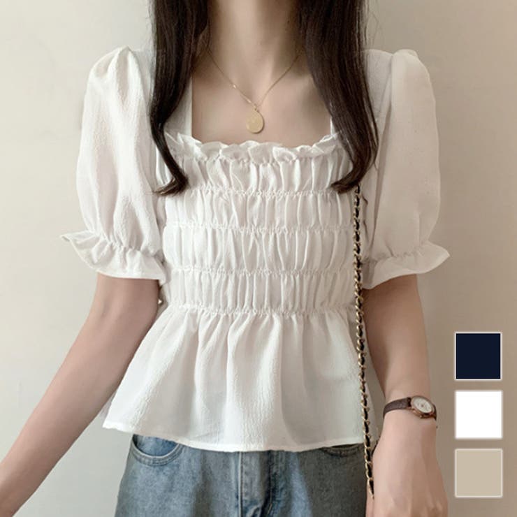 Amulet シャーリングブラウス レディース 10代 20代 30代 韓国ファッション 夏 カジュアル 可愛い シンプル おしゃれ 無地 白 黒 トップス