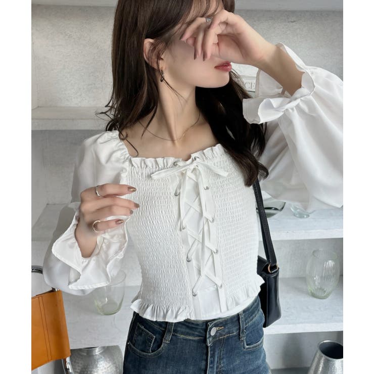 【10％OFFクーポン！2/23(月)1:59まで】Ada. レースアップ 2WAY ボリュームスリーブ ブラウス トップス