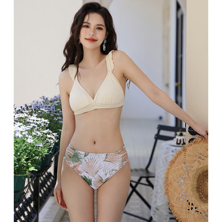 Angel Luna 【ビキニ水着2点セット】レディース 体型カバー セパレート ノンワイヤー フリル 三角ブラ バックシャン クロス リボン ハイウエスト 無地 シンプル 小胸 バスト 盛れる お洒落 セクシー 露出控え カバーアップ ビーチ リゾート