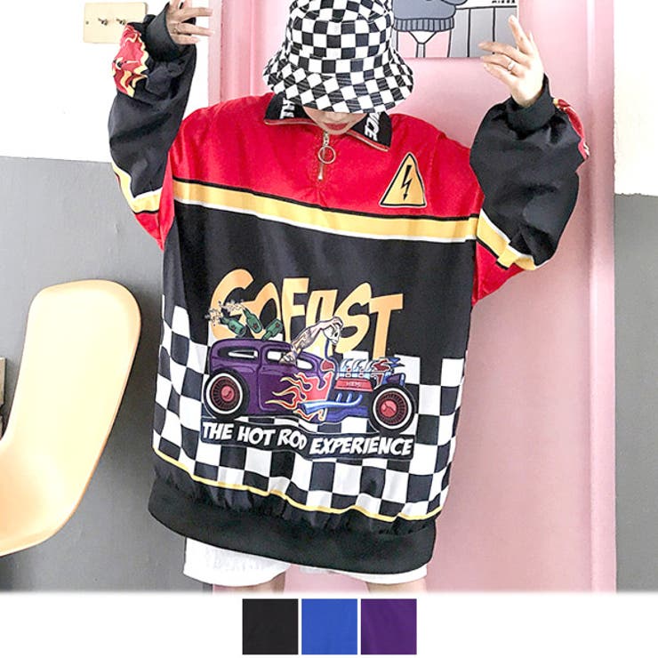 Decorative ファイヤー＆ブロックチェックグラフィックのハイネックライトアウター 原宿系 ファッション レディース ゆめかわいい 服 奇抜 派手個性的 ダンス 衣装 コスチューム ヒップホップ 韓国 大きいサイズ 180605 アウター(コート