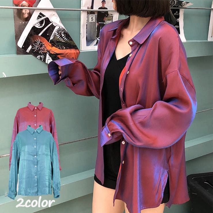 Decorative カラーシャツ 光沢 長袖シャツ ビッグシルエット レッド ブルー 春服 秋服 シャツ ダンス 衣装 ヒップホップ コスチューム 韓国ファッション 大きいサイズ 個性的 服 トップス