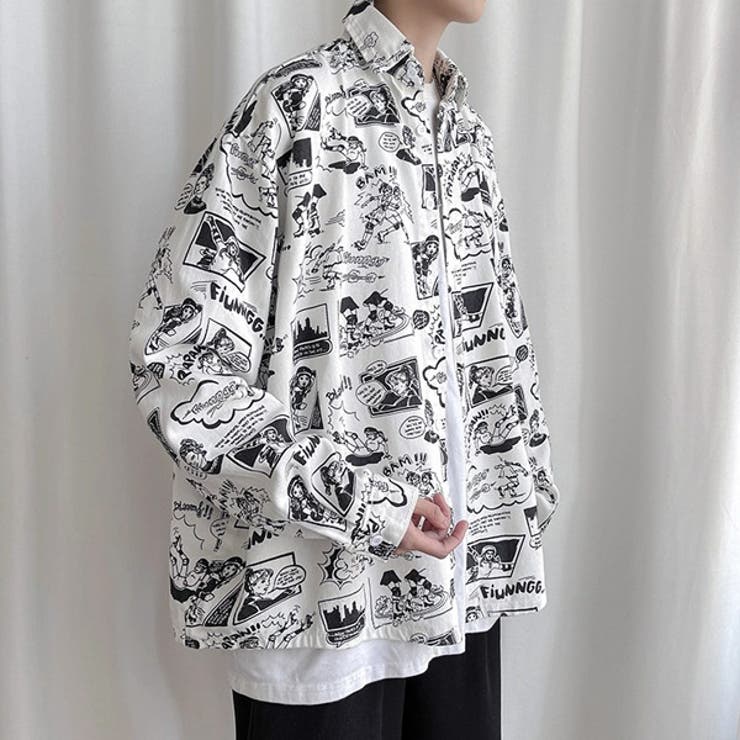 【10％OFFクーポン！11/27(木)1:59まで】Decorative 柄シャツ アメコミ風 コミック柄 長袖 白 黒 モノ..